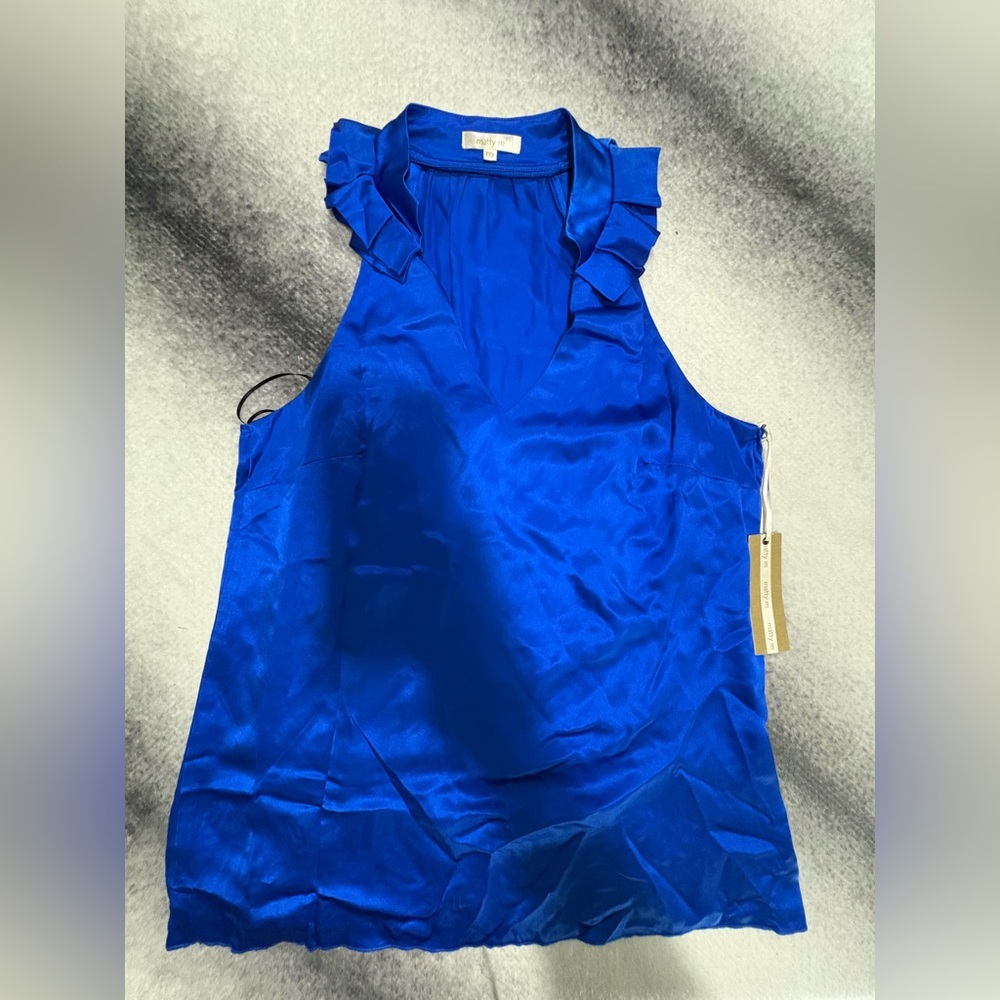 NWT Marty M Royal Blue Silk Sleeveless Ruffle Collar Blouse Top‎ Shirt Medium M